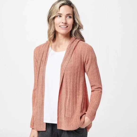 Barefoot Dreams CozyChic Ultra Lite Hooded Cardi Coral Pink Small - Picture 1 of 6